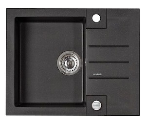 Granitový jednodřez s odkapávačem černý s montáží na pracovní desku o rozměru 59x47 cm a hloubkou 18 cm. Vhodný pro montáž do skříňky o šířce 50 cm.