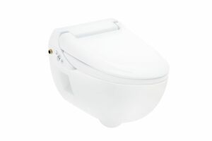 Bidetovací sedátko Geberit AquaClean 4000. Jedná se o set bidetovacího sedátka se závěsným WC. WC je nově dodávané s otevřený okruhem splachování Rimfree .
