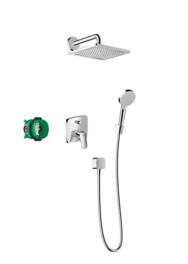 Sprchový systém s pákou a s montáží pod omítku se 2 funkcemi s průměrem 10. Průtok 18 litrů/minutu. V hranatém designu.