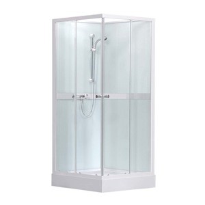 Sprchový box s vaničkou a barvou profilů bílá, výplň je z čirého skla bez dekoru. Posuvný systém otevírání.