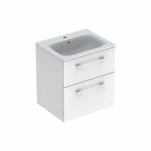 Závěsná koupelnová skříňka s keramickým umyvadlem v bílé barvě s lesklým povrchem o rozměru 55x50,2x65,2 cm s lakovaným povrchem. S plnovýsuvem a dotahem.