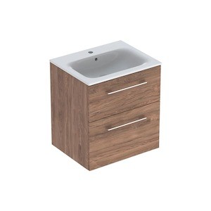 Závěsná koupelnová skříňka s keramickým umyvadlem v provedení ořech hickory o rozměru 60x50,2x65,2 cm. Povrch v provedení lamino. S plnovýsuvem a dotahem.