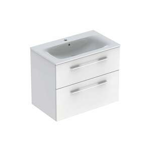 Závěsná koupelnová skříňka s keramickým umyvadlem v bílé barvě s lesklým povrchem o rozměru 80x50,2x65,2 cm s lakovaným povrchem. S plnovýsuvem a dotahem.