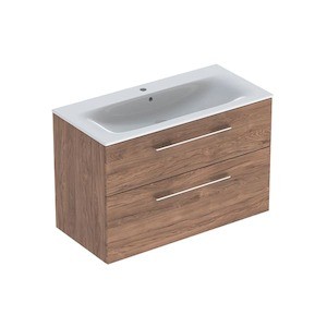 Závěsná koupelnová skříňka s keramickým umyvadlem v provedení ořech hickory o rozměru 100x50,2x65,2 cm. Povrch v provedení lamino. S plnovýsuvem a dotahem.
