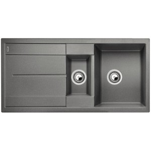 Granitový dvoudřez s odkapávačem v barvě aluminium s montáží na pracovní desku o rozměru 100x50 cm a hloubkou 19 cm. Vhodný pro montáž do skříňky o šířce 60 cm.