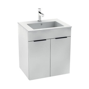 Závěsná koupelnová skříňka s keramickým umyvadlem v bílé barvě o rozměru 54x43x60,7 cm. S pomalým zavíráním.