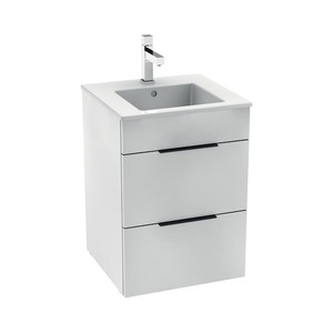 Závěsná koupelnová skříňka s keramickým umyvadlem v bílé barvě o rozměru 45x43x62,2 cm. S pomalým zavíráním.