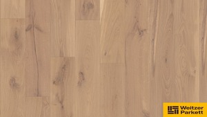 Dřevěná lakovaná podlaha o rozměru 180x17,5 cm v dekoru Oak Kaschmir ze série Weitzer Plank 1800. Systém instalace pomocí click systému. Podlaha je kartáčovaná s V-drážkou