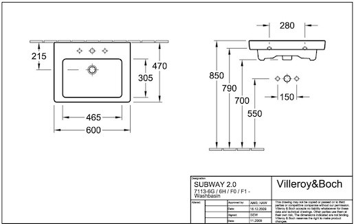 Umyvadlo Villeroy & Boch Subway 2.0 60x47 cm otvor pro baterii uprostřed 7113F001