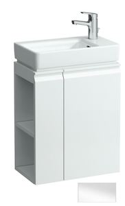 Závěsná koupelnová skříňka pod umyvadlo v bílé barvě s lesklým povrchem o rozměru 47x27,5x62 cm.