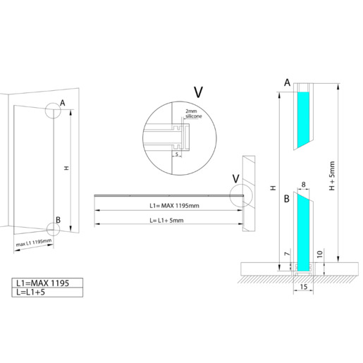 ARCHITEX LINE sada pro uchycení skla, podlaha-stěna, max. š. 1200 mm, leštěný hliník Polysan AL2112 