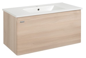 Závěsná koupelnová skříňka s keramickým umyvadlem v dekoru akácie o rozměru 100x45x46 cm. Povrch v provedení fólie. S plnovýsuvem a dotahem.