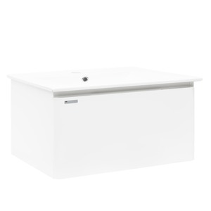 Závěsná koupelnová skříňka s keramickým umyvadlem v bílé barvě o rozměru 100x45x46 cm. Povrch v provedení fólie. S plnovýsuvem a dotahem.