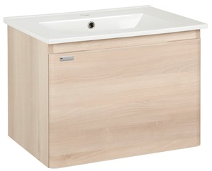 Závěsná koupelnová skříňka s keramickým umyvadlem v dekoru akácie o rozměru 60x45x46 cm. Povrch v provedení fólie. S plnovýsuvem a dotahem.