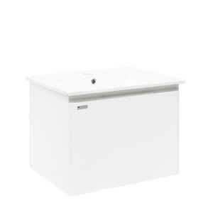 Závěsná koupelnová skříňka s keramickým umyvadlem v bílé barvě o rozměru 60x45x46 cm. Povrch v provedení fólie. S plnovýsuvem a dotahem.