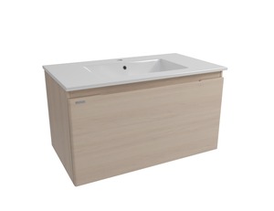 Závěsná koupelnová skříňka s keramickým umyvadlem v dekoru akácie o rozměru 80x45x46 cm. Povrch v provedení fólie. S plnovýsuvem a dotahem.