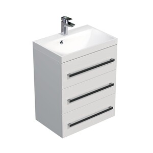 Závěsná koupelnová skříňka s umyvadlem z litého mramoru v bílé barvě s lesklým povrchem o rozměru 60x76,5x40 cm. Povrch v provedení lamino. S plnovýsuvem a dotahem.