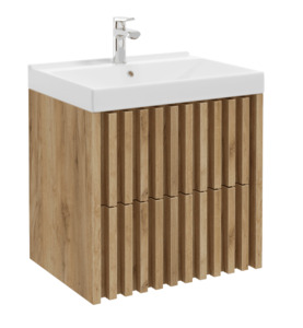 Závěsná koupelnová skříňka s keramickým umyvadlem v dekoru dub s matným povrchem o rozměru 60x46 cm. Povrch v provedení fólie.