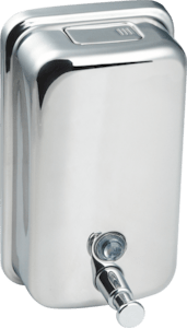 SIKO elegantní nástěnný dávkovač mýdla s oblými tvary. Výška 150 mm, šířka 95 mm, jednodílný. Vyrobeno z kvalitní leštěné nerezové oceli.