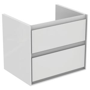 Závěsná koupelnová skříňka pod umyvadlo v kombinaci šedý dub/bílá s matným povrchem o rozměru 60x44x51,7 cm s plastickým povrchem.