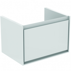 Závěsná koupelnová skříňka pod umyvadlo v kombinaci šedý dub/bílá s matným povrchem o rozměru 58x40,9x40 cm s plastickým povrchem.