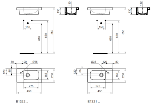 Umývátko Ideal Standard Connect Space 45x25 cm odkládací plocha vpravo E132101
