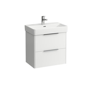 Závěsná koupelnová skříňka pod umyvadlo v bílé barvě s lesklým povrchem o rozměru 57x53x36 cm.