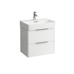 Závěsná koupelnová skříňka pod umyvadlo v bílé barvě s matným povrchem o rozměru 58,5x52,5x39 cm.