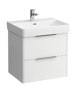 Závěsná koupelnová skříňka pod umyvadlo v bílé barvě s lesklým povrchem o rozměru 58,5x39x52,5 cm.