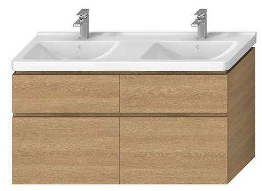 Závěsná koupelnová skříňka pod umyvadlo v dekoru dub o rozměru 128x46,7x68,3 cm.