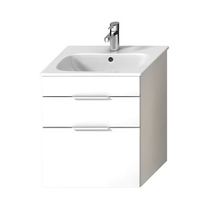 Závěsná koupelnová skříňka s keramickým umyvadlem v bílé barvě o rozměru 55x60,7x43 cm.
