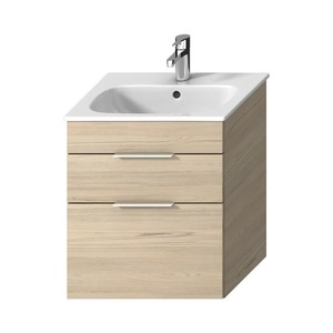 Závěsná koupelnová skříňka s keramickým umyvadlem v dekoru jasan o rozměru 55x60,7x43 cm.