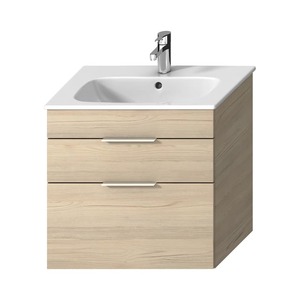 Závěsná koupelnová skříňka s keramickým umyvadlem v dekoru jasan o rozměru 65x60,7x43 cm.
