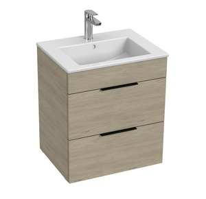 Závěsná koupelnová skříňka s keramickým umyvadlem v dekoru jasan o rozměru 55x43x62,2 cm. Povrch v provedení lamino. S dotahem.