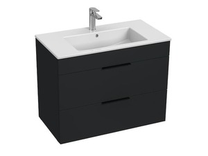 Závěsná koupelnová skříňka s keramickým umyvadlem v barevném provedení antracit s matným povrchem o rozměru 80x43x62,2 cm. Povrch v provedení lamino. S dotahem.