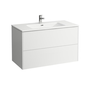 Závěsná koupelnová skříňka s keramickým umyvadlem v bílé barvě s lesklým povrchem o rozměru 100x61x50 cm.