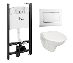Závěsný wc set - sada obsahuje modul do lehkých stěn / předstěnová, WC nádržku Jika, WC a sedátko. WC prkénko je vyrobeno z materiálu thermoplast. Ovládací tlačítko je z materiálu plast a je v barevném provedení bílá.