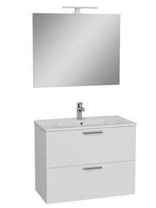 Nábytkový set VitrA v bílé barvě do koupelny zabalený v jedné krabici, který obsahuje keramické umyvadlo, závěsnou umyvadlovou skříňku s šuplíky, nástěnné zrcadlo, LED osvětlení a odpadní armaturu. Umyvadlová skříňka je smontovaná.