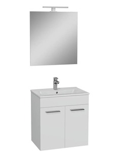 Nábytkový set VitrA v bílé barvě do koupelny zabalený v jedné krabici, který obsahuje keramické umyvadlo, závěsnou umyvadlovou skříňku s dvířky, nástěnné zrcadlo, LED osvětlení a odpadní armaturu. Umyvadlová skříňka není smontovaná.