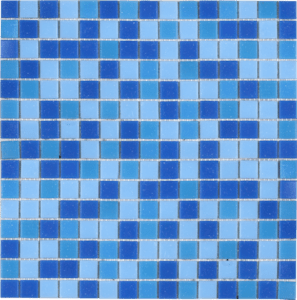 Skleněná mozaika v modré barvě o rozměru 32,7x32,7 cm a tloušťce 4 mm s matným povrchem. Základní prvek ve tvaru čtverce o rozměru 2x2 cm.