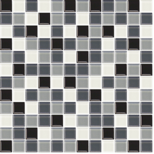 Skleněná mozaika v šedé barvě o rozměru 30,5x30,5 cm a tloušťce 4 mm s lesklým povrchem. Základní prvek ve tvaru čtverce o rozměru 2,5x2,5 cm.