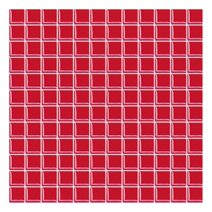 Skleněná mozaika v červené barvě o rozměru 30,5x30,5 cm a tloušťce 4 mm s lesklým povrchem. Základní prvek ve tvaru čtverce o rozměru 2,5x2,5 cm.