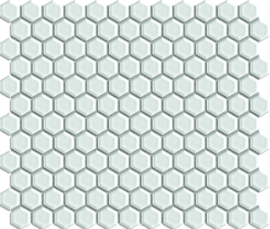 Mrazuvzdorná keramická mozaika v bílé barvě o rozměru 26x30 cm a tloušťce 5 mm s lesklým povrchem. Základní prvek ve tvaru hexagon (šestihran) o rozměru 2,6x2,6 cm.