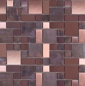 Měděná Mozaika v hnědé barvě o rozměru 30x30 cm a tloušťce 8 mm v metalickém designu s povrchem v provedení lesk/mat. Základní prvek v různých tvarech o rozměru 2,3x4,8 cm.