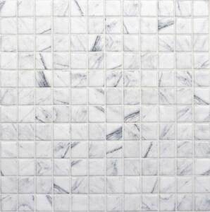 Mrazuvzdorné. Skleněná Mozaika v šedé barvě o rozměru 31,6x31,6 cm a tloušťce 4 mm v imitaci mramoru s matným povrchem. Základní prvek ve tvaru čtverce o rozměru 2,5x2,5 cm