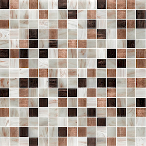 Skleněná mozaika v hnědé barvě o rozměru 32,7x32,7 cm a tloušťce 4 mm s lesklým povrchem. Základní prvek ve tvaru čtverce o rozměru 2x2 cm.