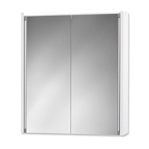 Zrcadlová skříňka s osvětlením se zásuvkou o rozměru 54x63x15 cm. Galerka má 2 poličky.