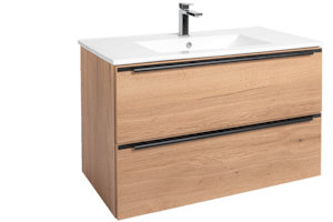 Závěsná koupelnová skříňka s keramickým umyvadlem v provedení dub Sierra o rozměru 90x60x46 cm. Povrch v provedení lamino. S plnovýsuvem a dotahem.