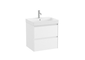Závěsná koupelnová skříňka s keramickým umyvadlem v bílé barvě s matným povrchem o rozměru 60x64,5x46 cm. Povrch v provedení lamino. Plnovýsuv s dotahem, bez sifonu, s vnitř.organizérem.