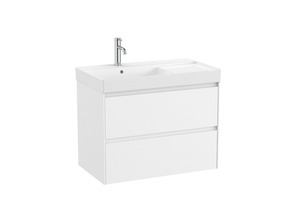 Závěsná koupelnová skříňka s keramickým umyvadlem v bílé barvě s matným povrchem o rozměru 80x64,5x46 cm. Povrch v provedení lamino. Plnovýsuv s dotahem, bez sifonu, s vnitř.organizérem.